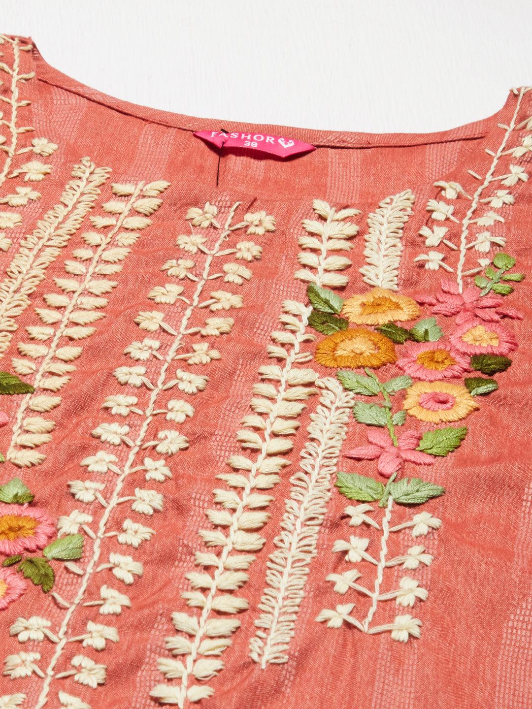 Floral Hand Embroidered Straight Fit Kurta - Rose Gold - Indiakreations