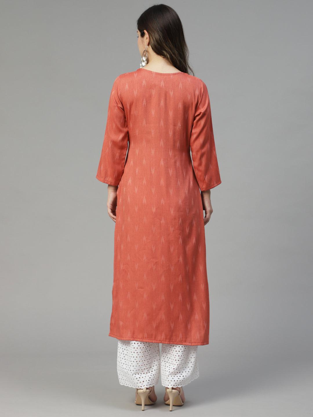 Floral Hand Embroidered Straight Fit Kurta - Rose Gold - Indiakreations