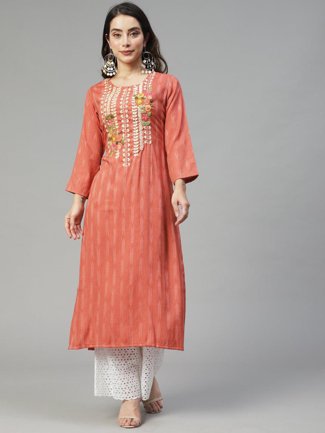 Floral Hand Embroidered Straight Fit Kurta - Rose Gold - Indiakreations