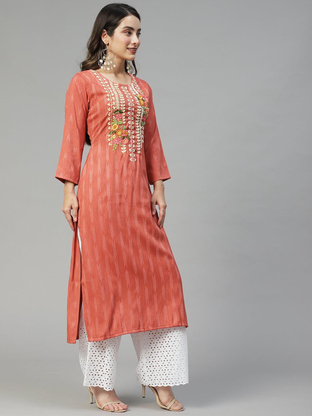 Floral Hand Embroidered Straight Fit Kurta - Rose Gold - Indiakreations