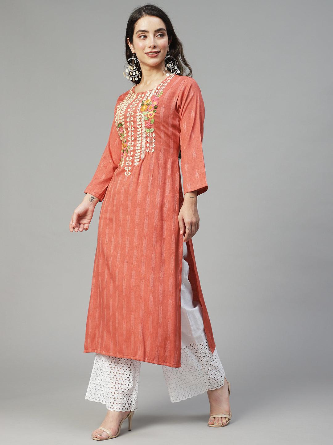 Floral Hand Embroidered Straight Fit Kurta - Rose Gold - Indiakreations