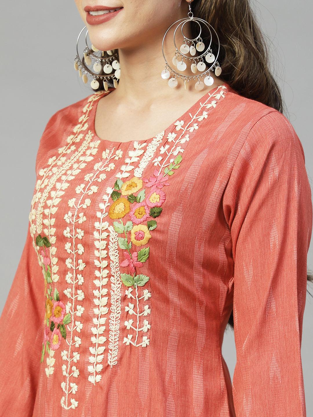 Floral Hand Embroidered Straight Fit Kurta - Rose Gold - Indiakreations