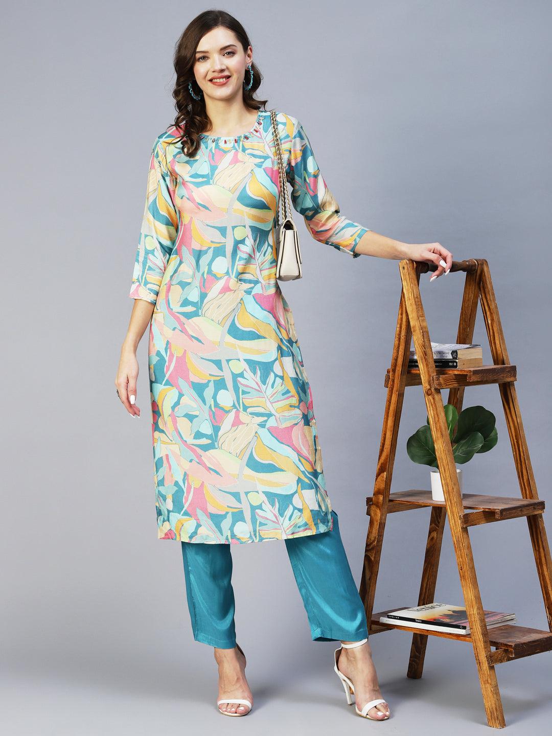 Abstract Printed Beads & Stones Embroidered Kurta With Pants - Multi - Indiakreations