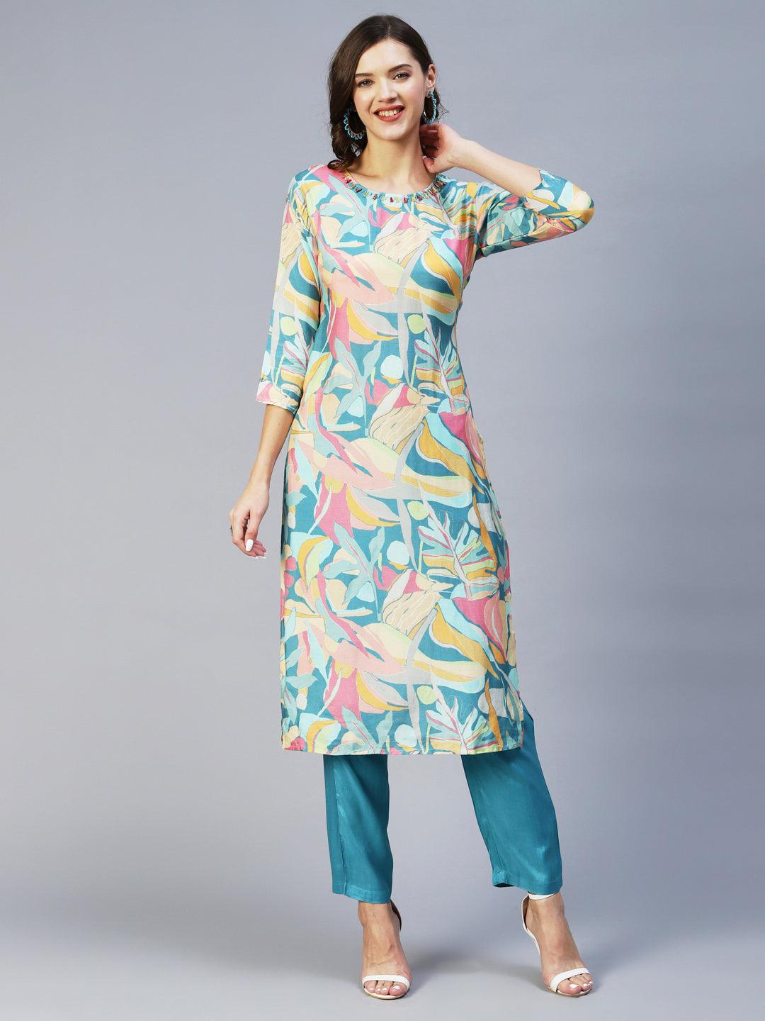 Abstract Printed Beads & Stones Embroidered Kurta With Pants - Multi - Indiakreations