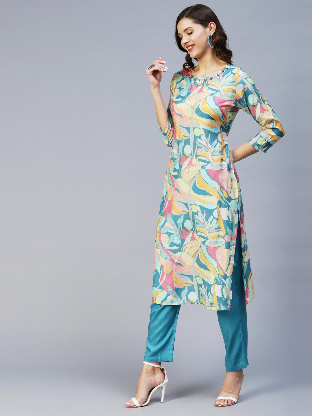 Abstract Printed Beads & Stones Embroidered Kurta With Pants - Multi - Indiakreations