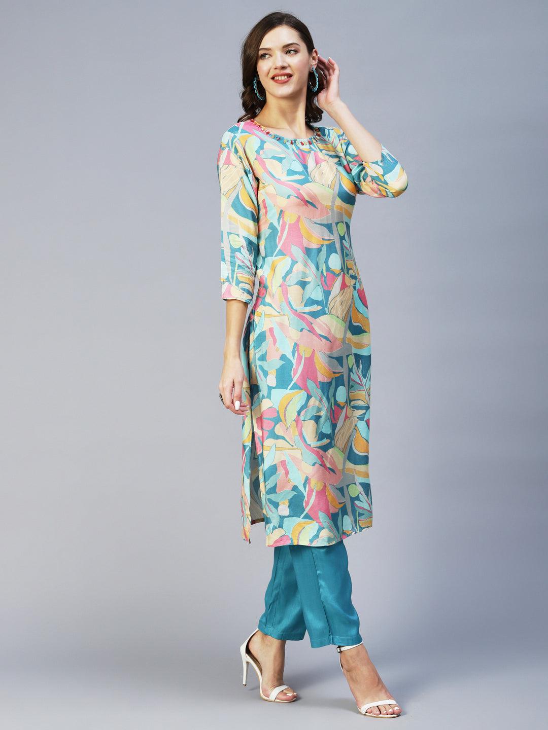 Abstract Printed Beads & Stones Embroidered Kurta With Pants - Multi - Indiakreations