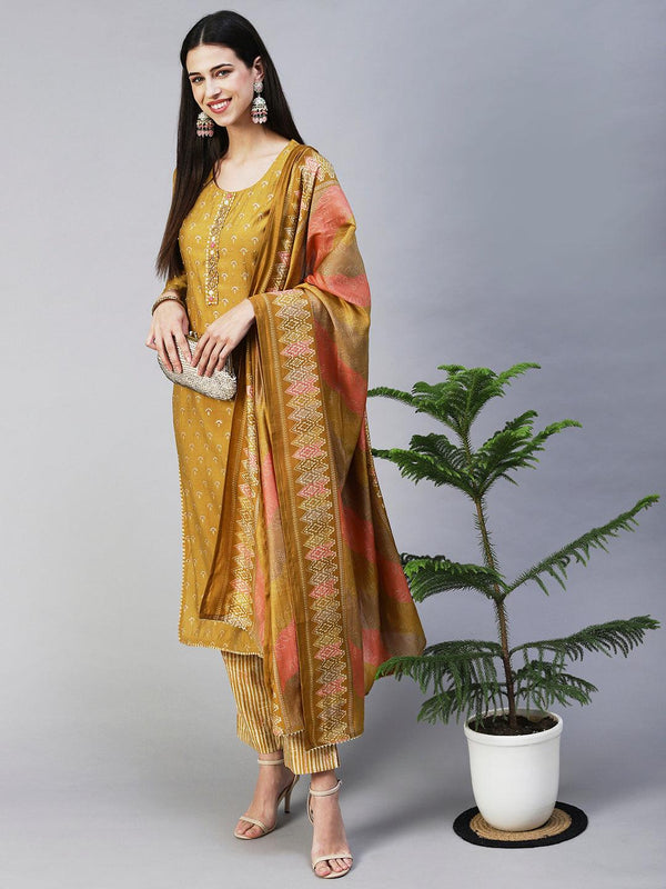 Floral Printed & Hand Embroidered Straight Kurta with Pant & Dupatta - Mustard - Indiakreations