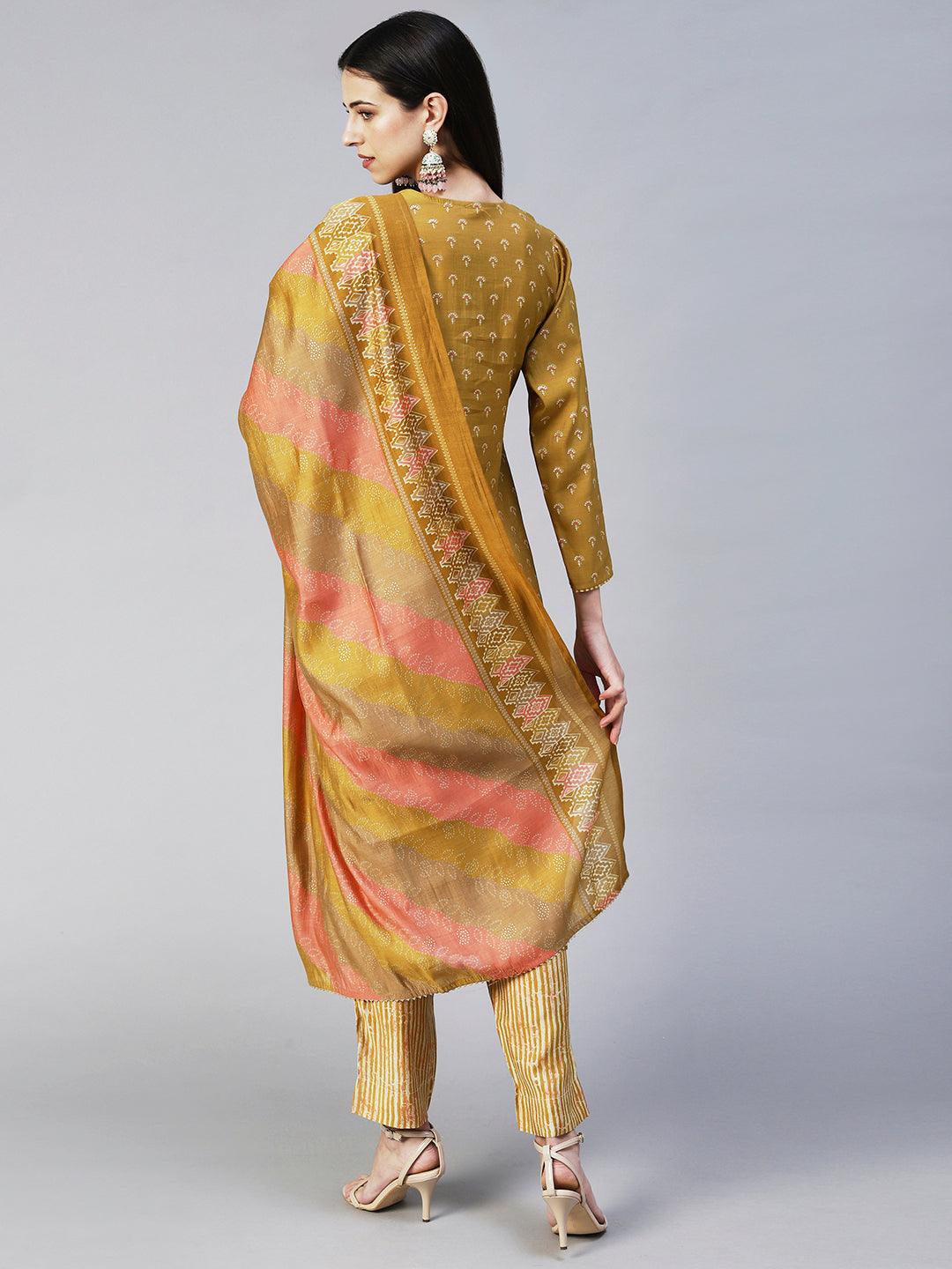 Floral Printed & Hand Embroidered Straight Kurta with Pant & Dupatta - Mustard - Indiakreations