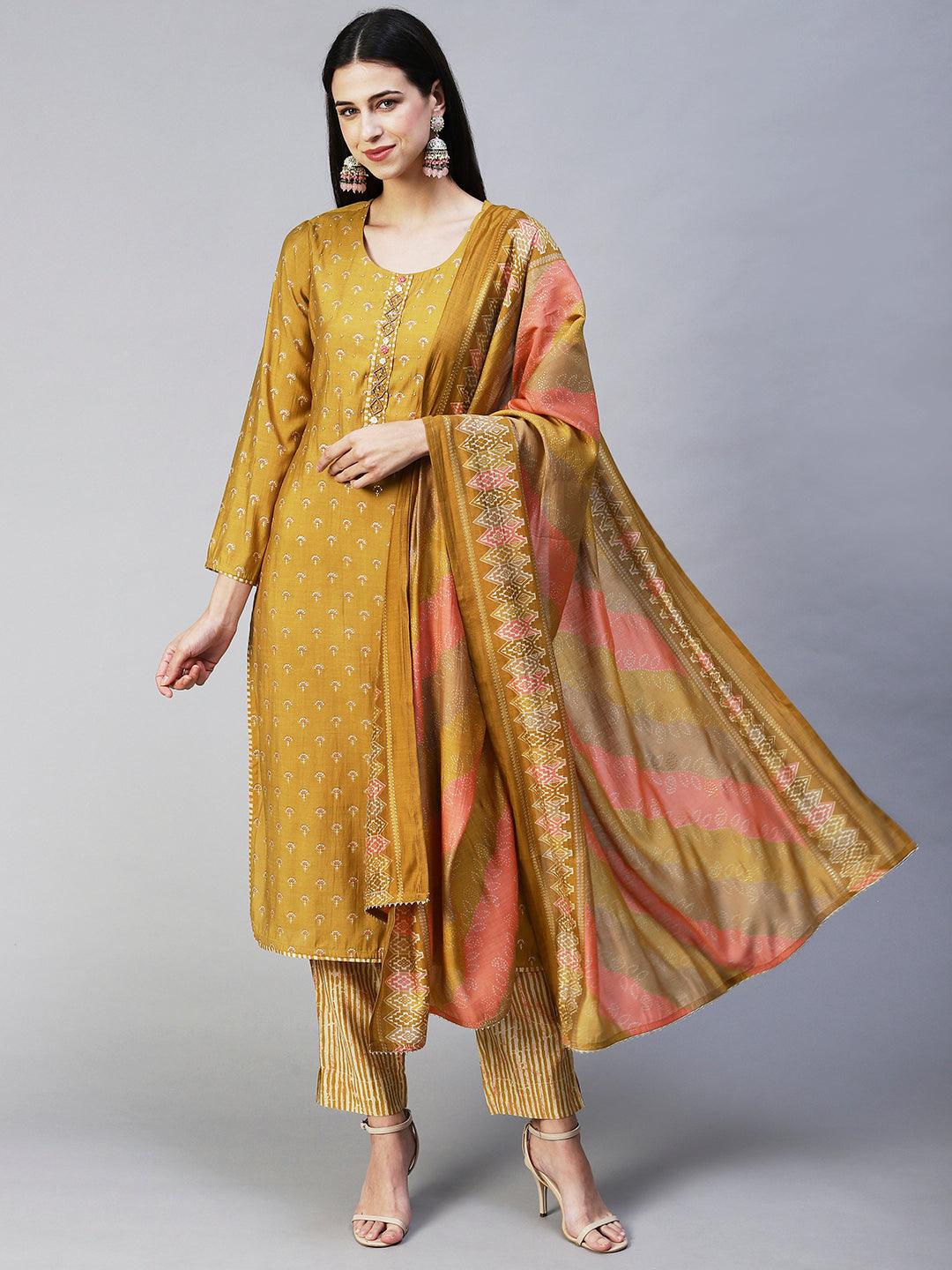 Floral Printed & Hand Embroidered Straight Kurta with Pant & Dupatta - Mustard - Indiakreations