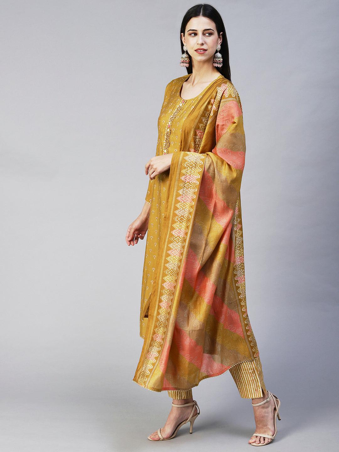 Floral Printed & Hand Embroidered Straight Kurta with Pant & Dupatta - Mustard - Indiakreations