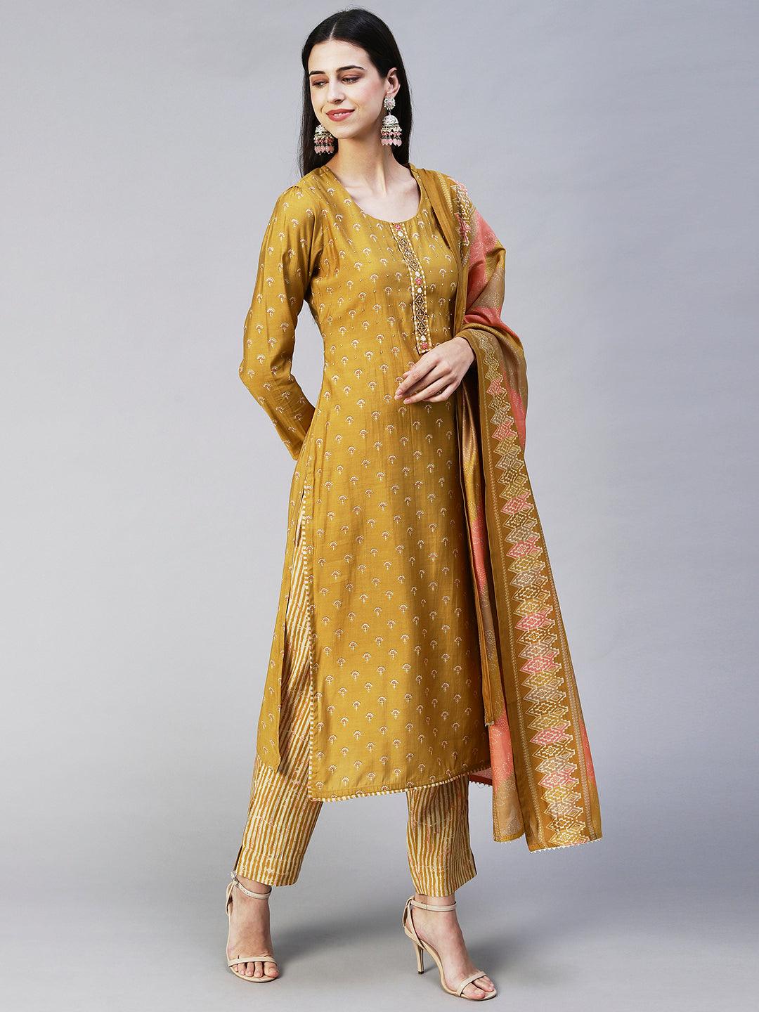 Floral Printed & Hand Embroidered Straight Kurta with Pant & Dupatta - Mustard - Indiakreations