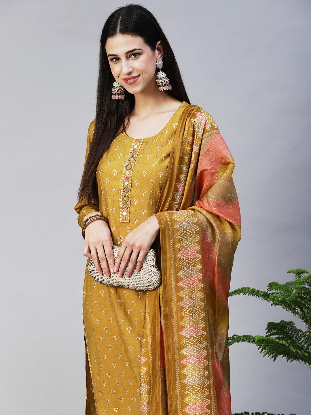 Floral Printed & Hand Embroidered Straight Kurta with Pant & Dupatta - Mustard - Indiakreations