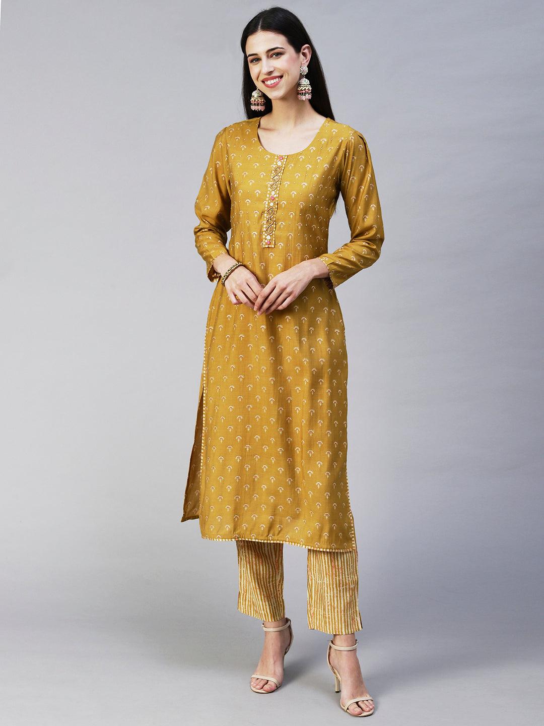 Floral Printed & Hand Embroidered Straight Kurta with Pant & Dupatta - Mustard - Indiakreations