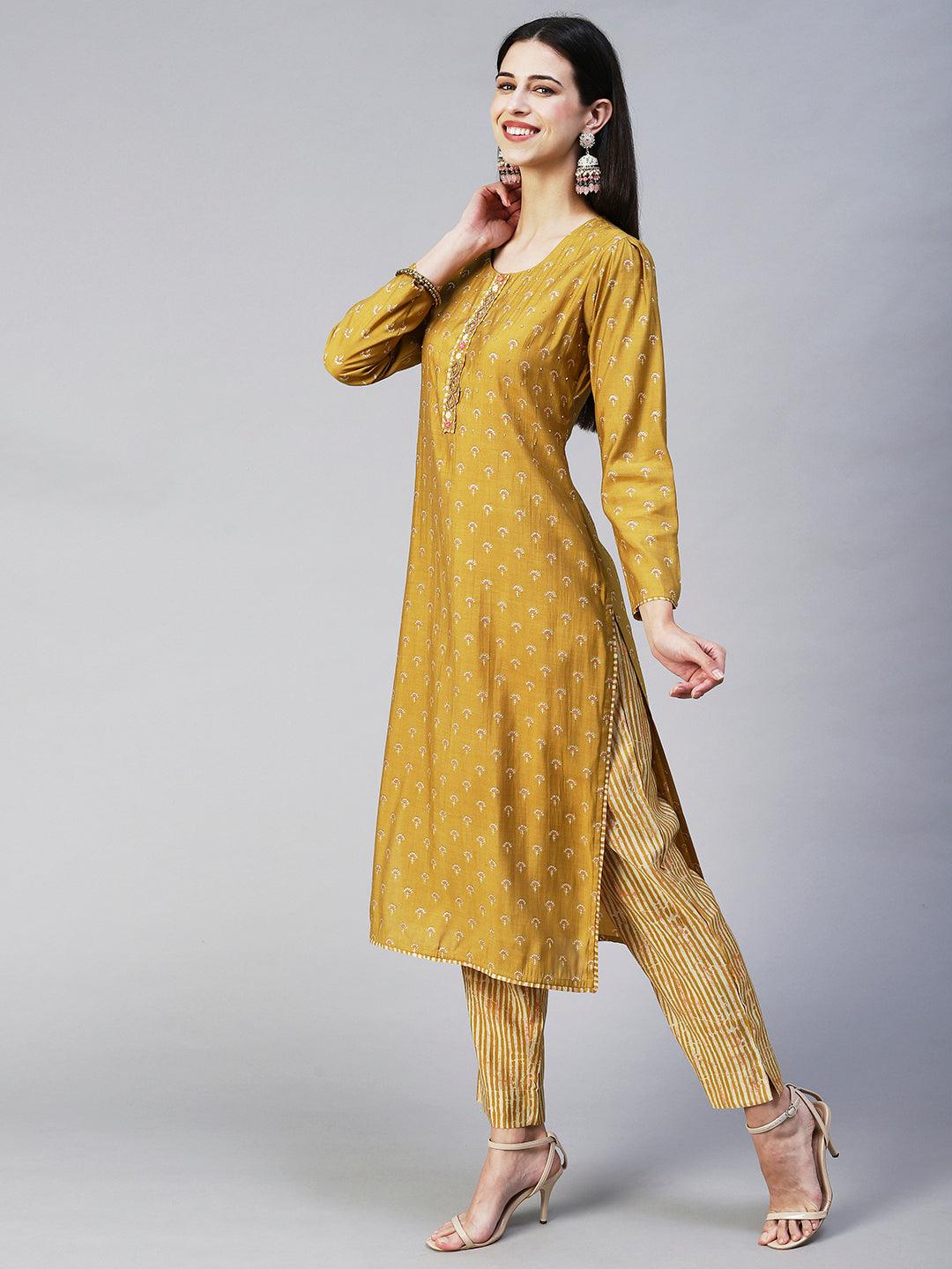 Floral Printed & Hand Embroidered Straight Kurta with Pant & Dupatta - Mustard - Indiakreations