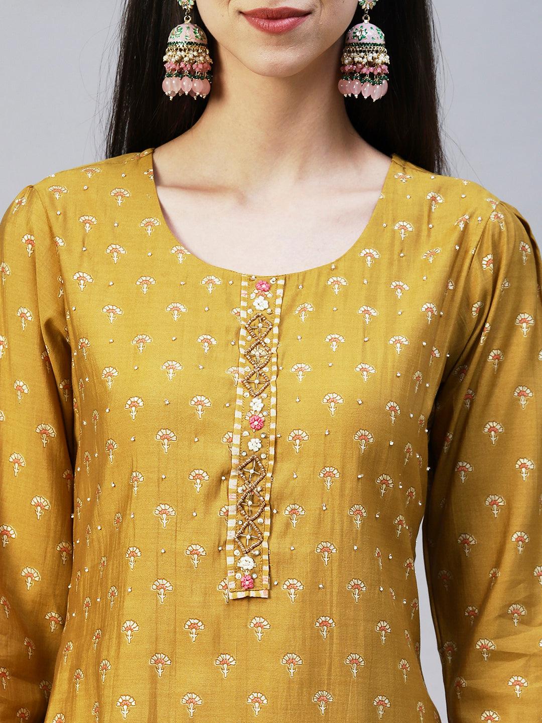 Floral Printed & Hand Embroidered Straight Kurta with Pant & Dupatta - Mustard - Indiakreations