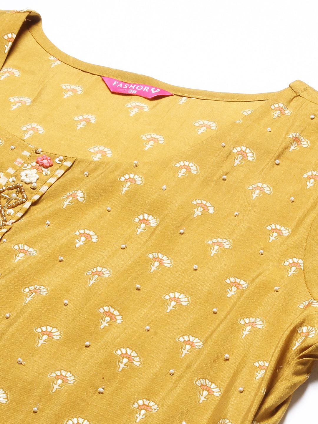 Floral Printed & Hand Embroidered Straight Kurta with Pant & Dupatta - Mustard - Indiakreations