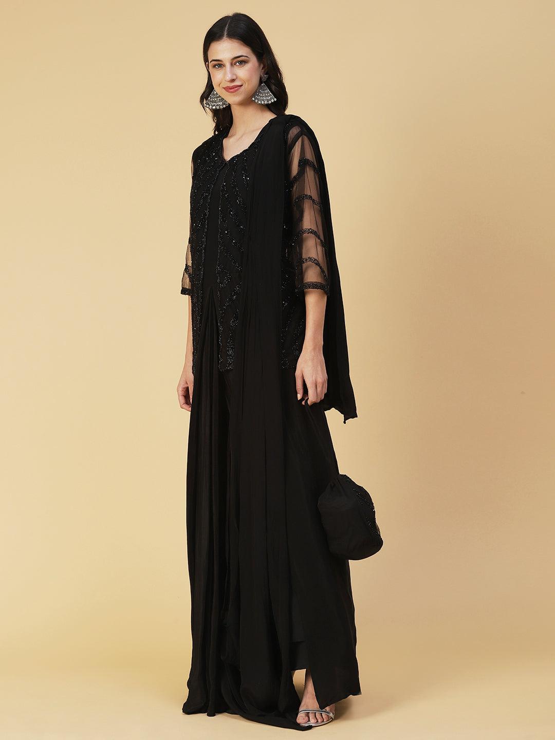 Solid Layered A-Line Maxi Dress with Hand Embroidered Jacket - Black - Indiakreations