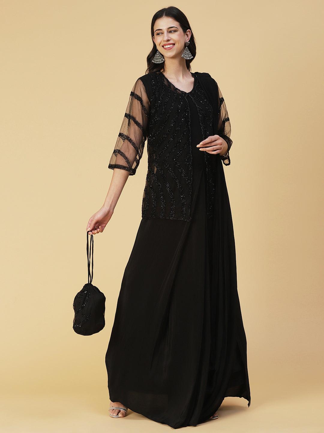 Solid Layered A-Line Maxi Dress with Hand Embroidered Jacket - Black - Indiakreations