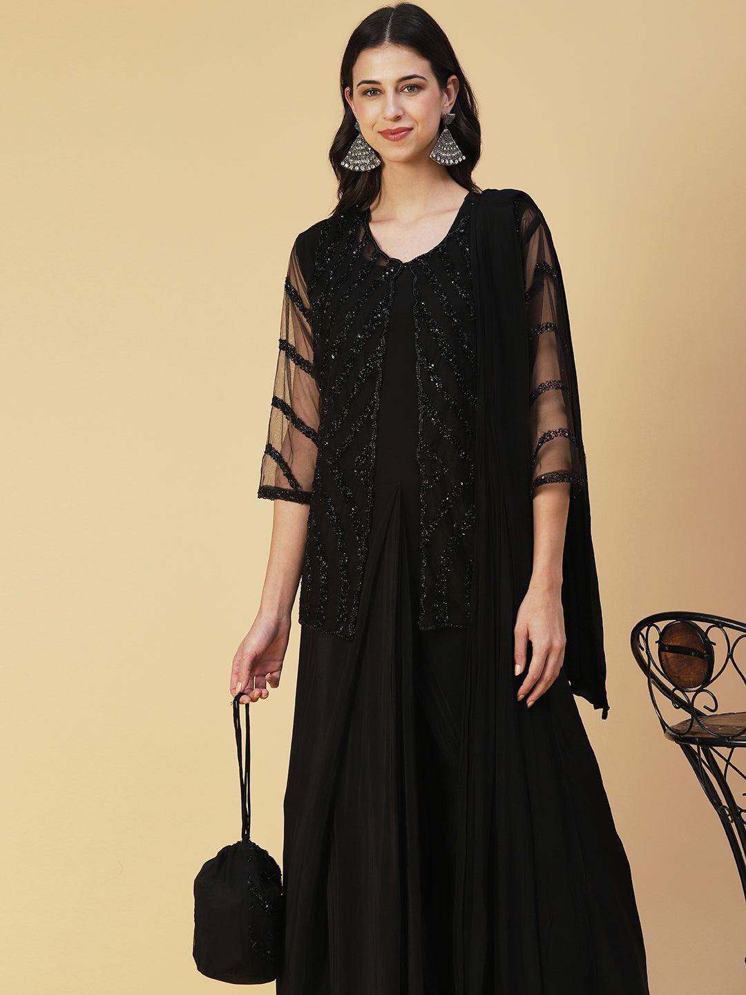 Solid Layered A-Line Maxi Dress with Hand Embroidered Jacket - Black - Indiakreations