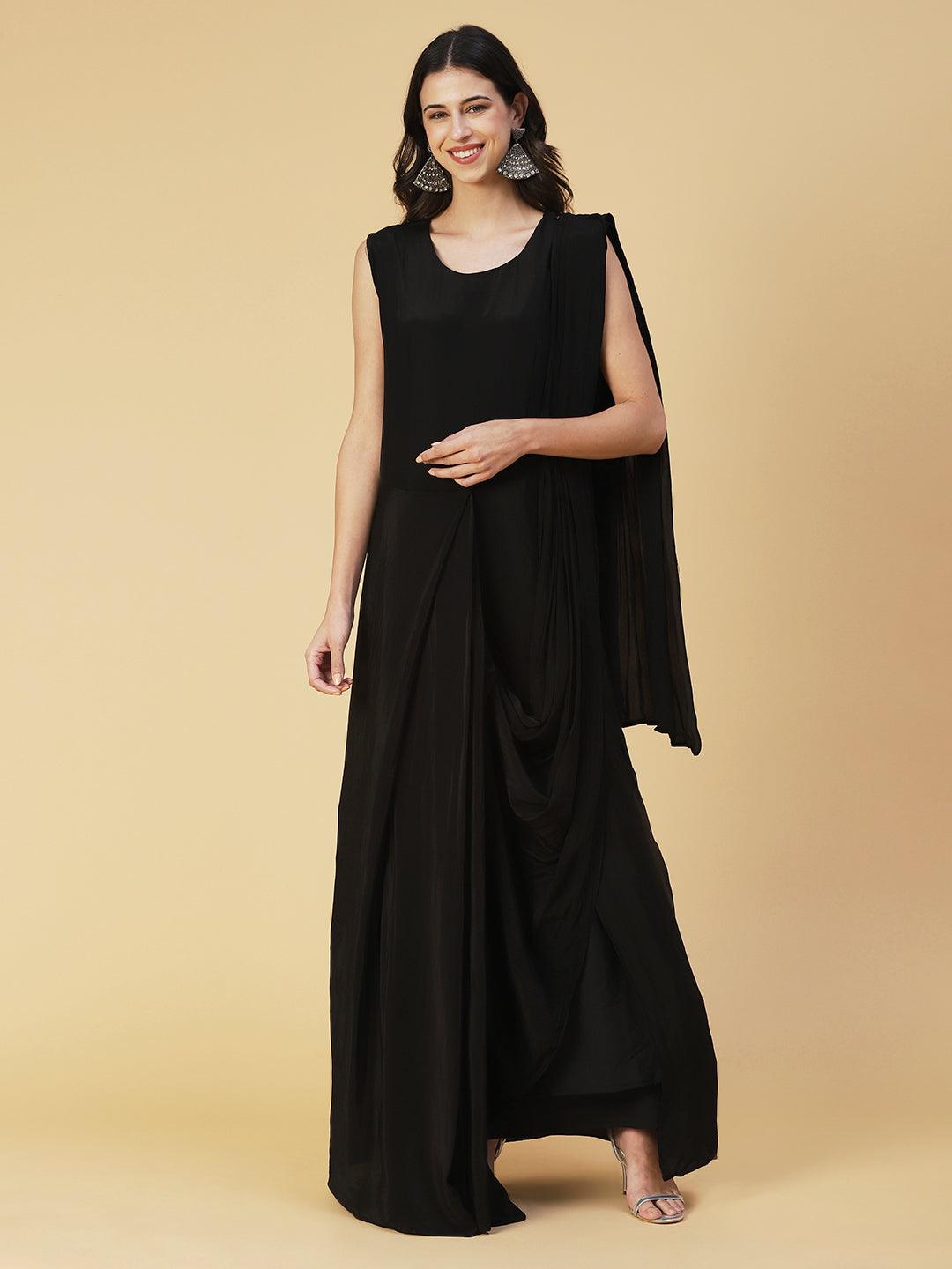 Solid Layered A-Line Maxi Dress with Hand Embroidered Jacket - Black - Indiakreations