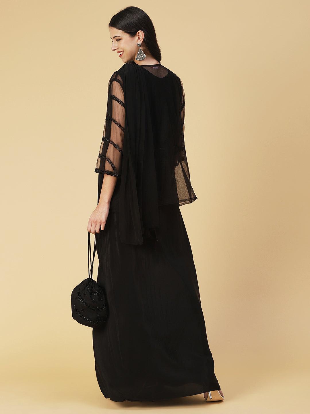 Solid Layered A-Line Maxi Dress with Hand Embroidered Jacket - Black - Indiakreations