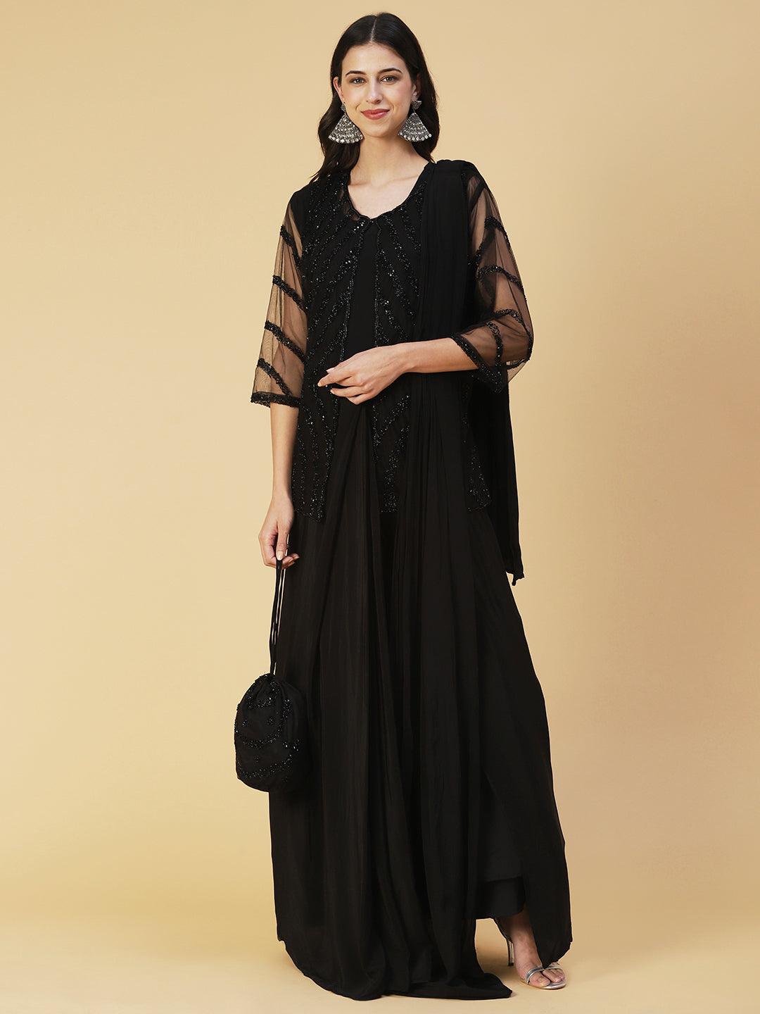 Solid Layered A-Line Maxi Dress with Hand Embroidered Jacket - Black - Indiakreations