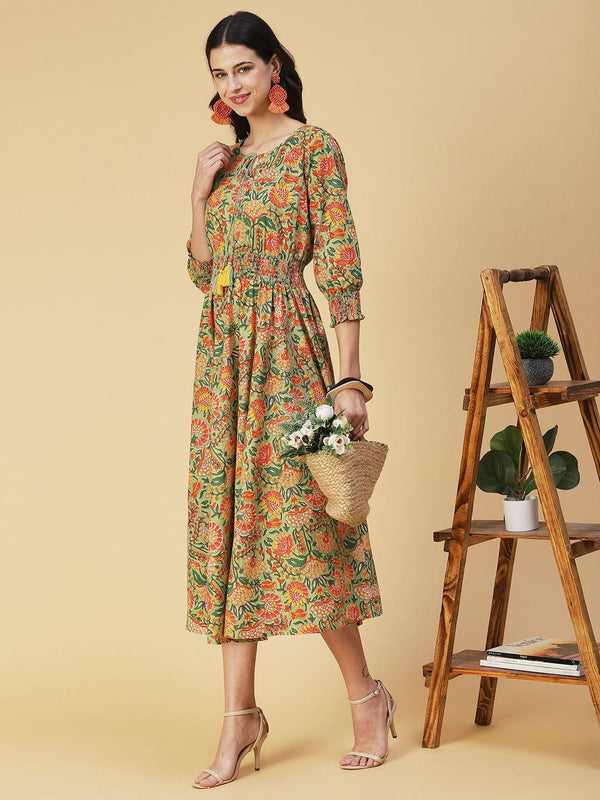 Floral Printed & Hand Embroidered A-Line Midi Dress - Light Green - Indiakreations