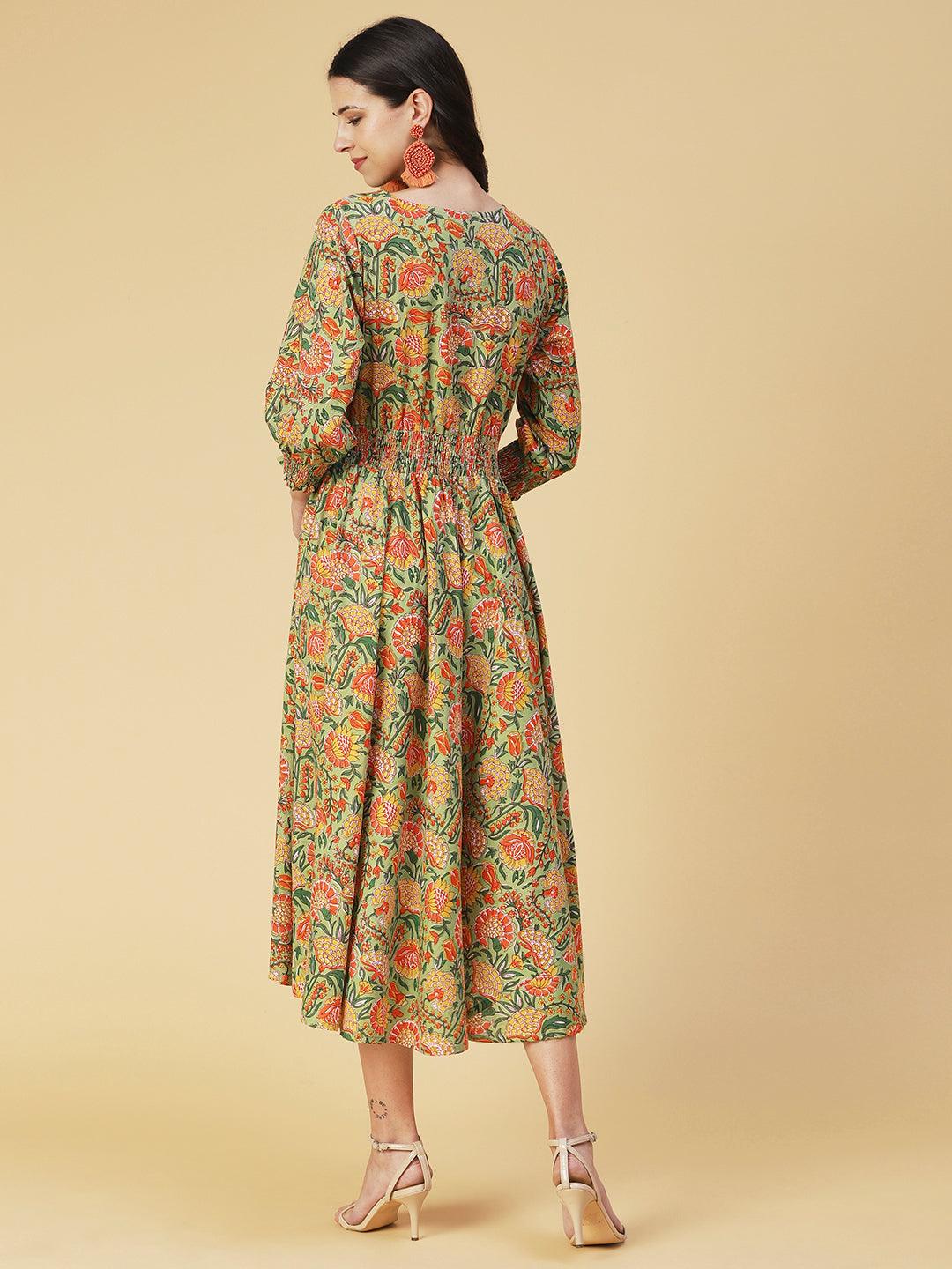 Floral Printed & Hand Embroidered A-Line Midi Dress - Light Green - Indiakreations