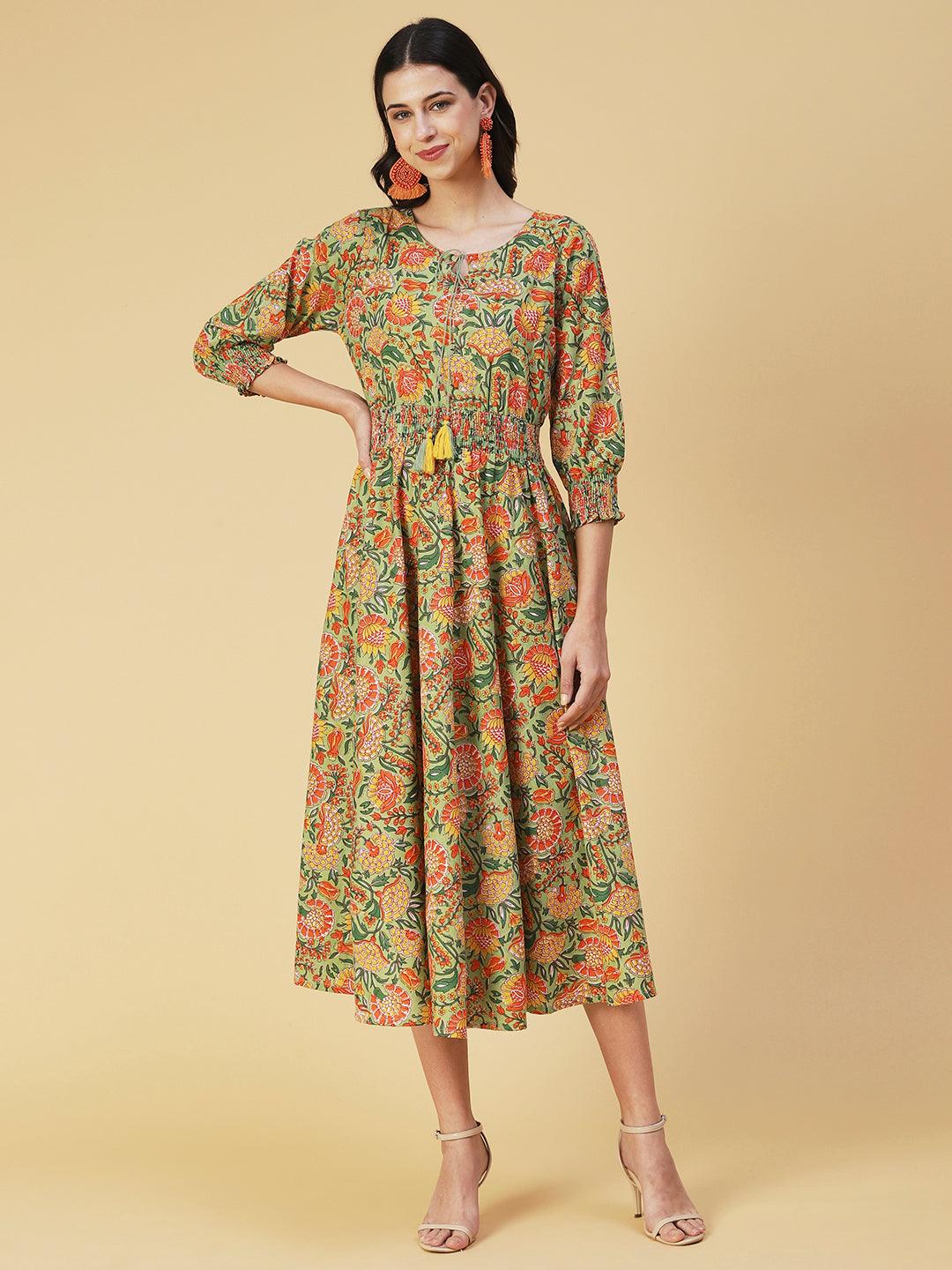 Floral Printed & Hand Embroidered A-Line Midi Dress - Light Green - Indiakreations