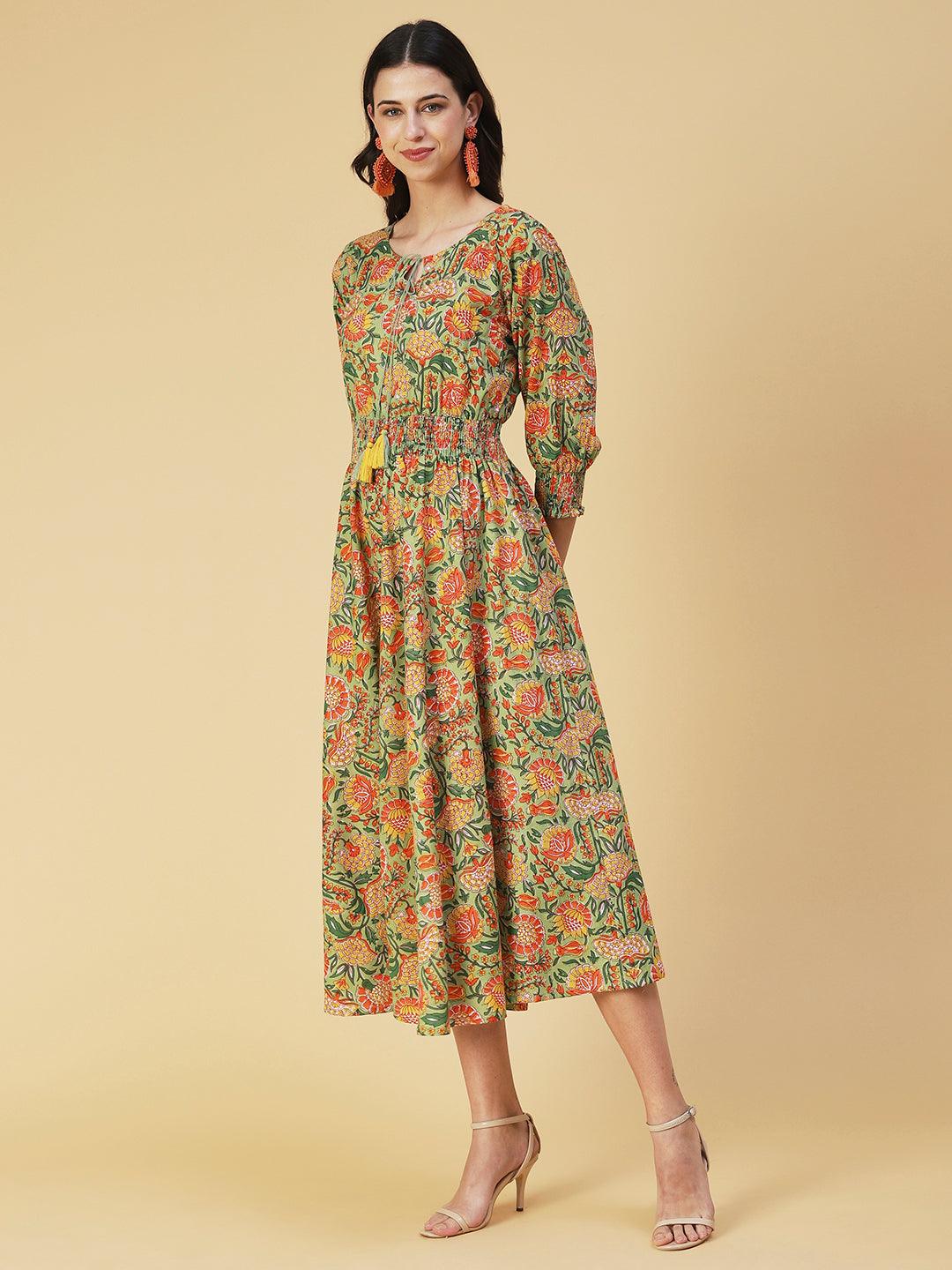 Floral Printed & Hand Embroidered A-Line Midi Dress - Light Green - Indiakreations