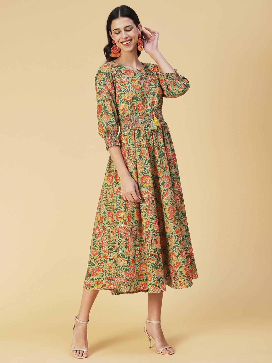 Floral Printed & Hand Embroidered A-Line Midi Dress - Light Green - Indiakreations