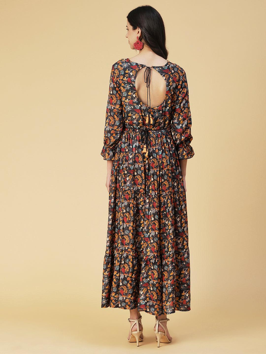 Floral Printed & Hand Embroidered Fit & Flare Maxi Dress - Charcoal - Indiakreations