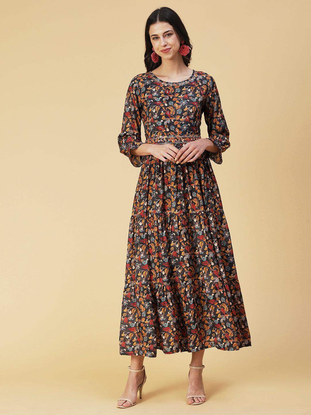 Floral Printed & Hand Embroidered Fit & Flare Maxi Dress - Charcoal - Indiakreations