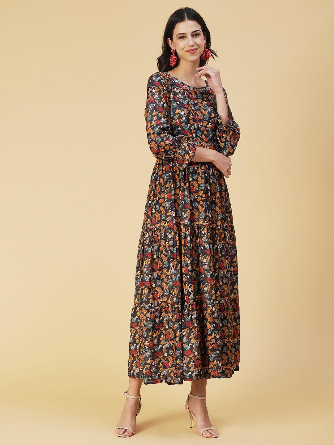 Floral Printed & Hand Embroidered Fit & Flare Maxi Dress - Charcoal - Indiakreations