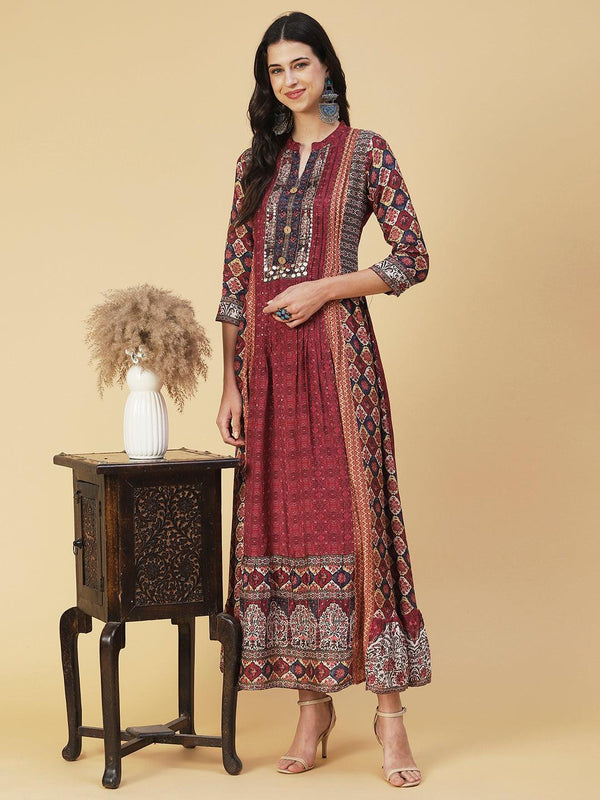 Ethnic Floral Printed & Embroidered A-Line Maxi Dress - Multi - Indiakreations