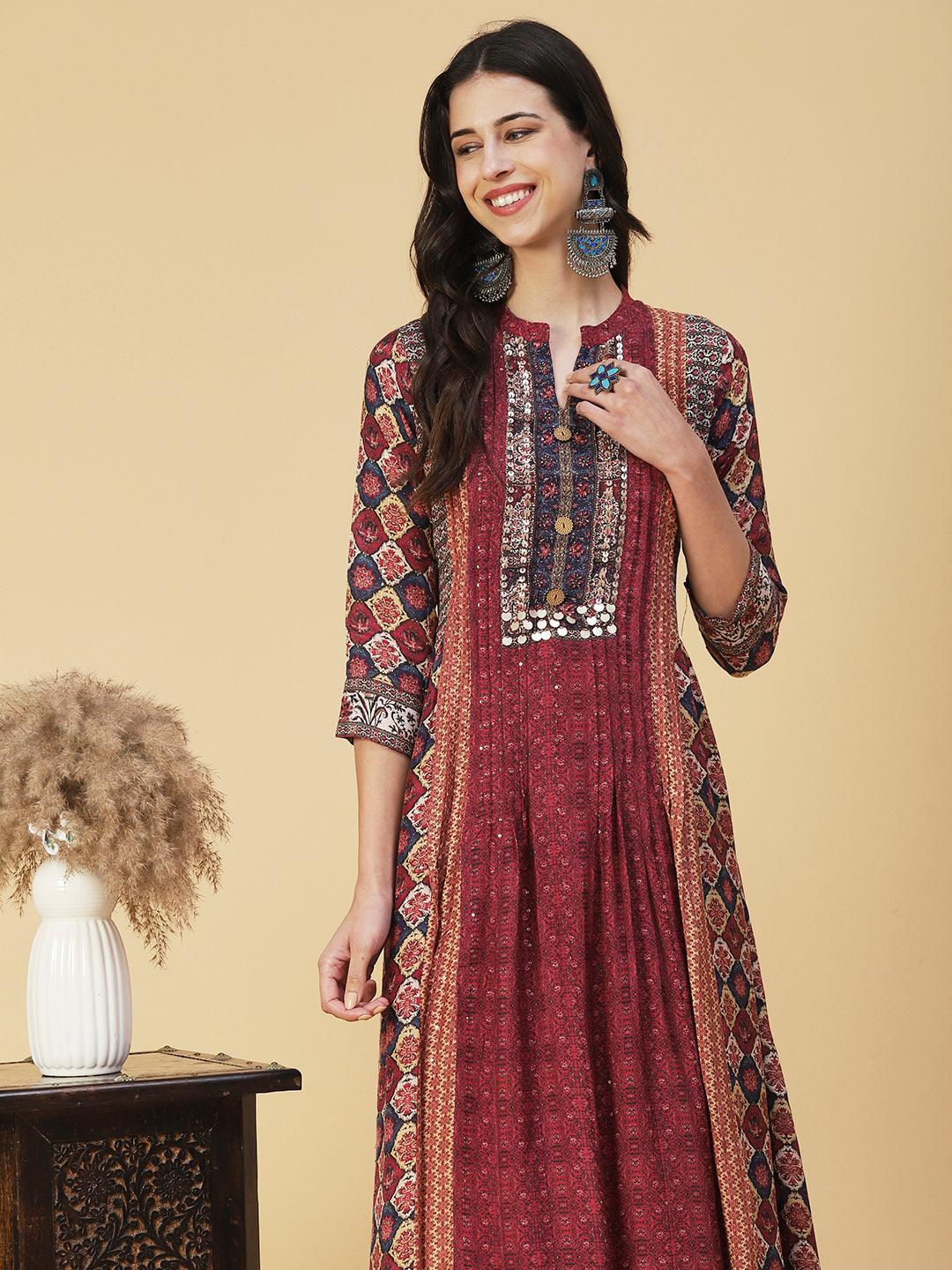 Ethnic Floral Printed & Embroidered A-Line Maxi Dress - Multi - Indiakreations