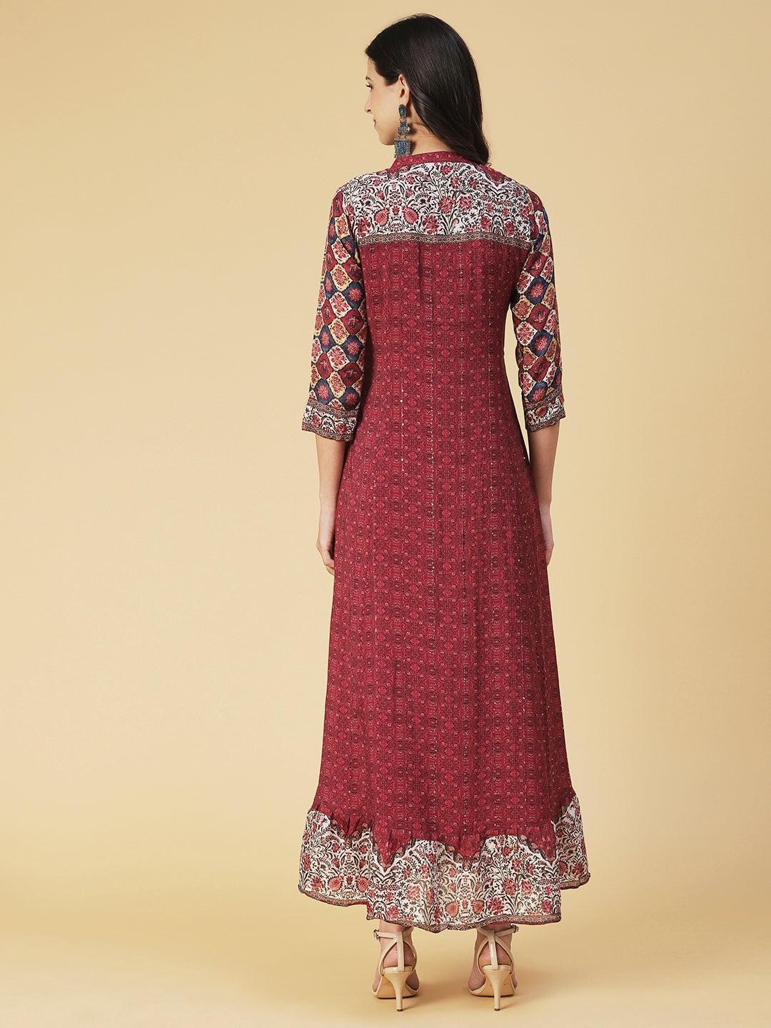 Ethnic Floral Printed & Embroidered A-Line Maxi Dress - Multi - Indiakreations