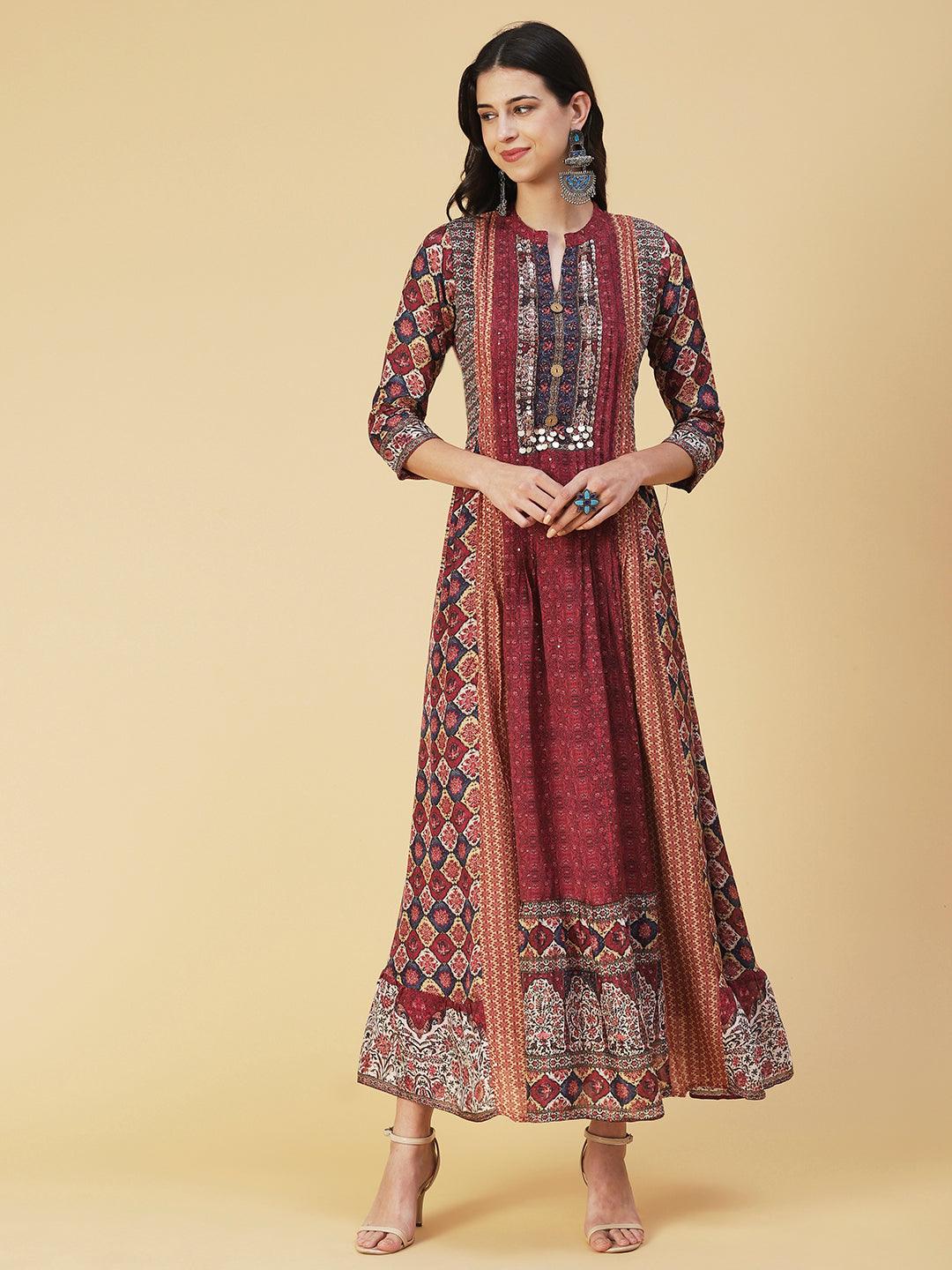 Ethnic Floral Printed & Embroidered A-Line Maxi Dress - Multi - Indiakreations