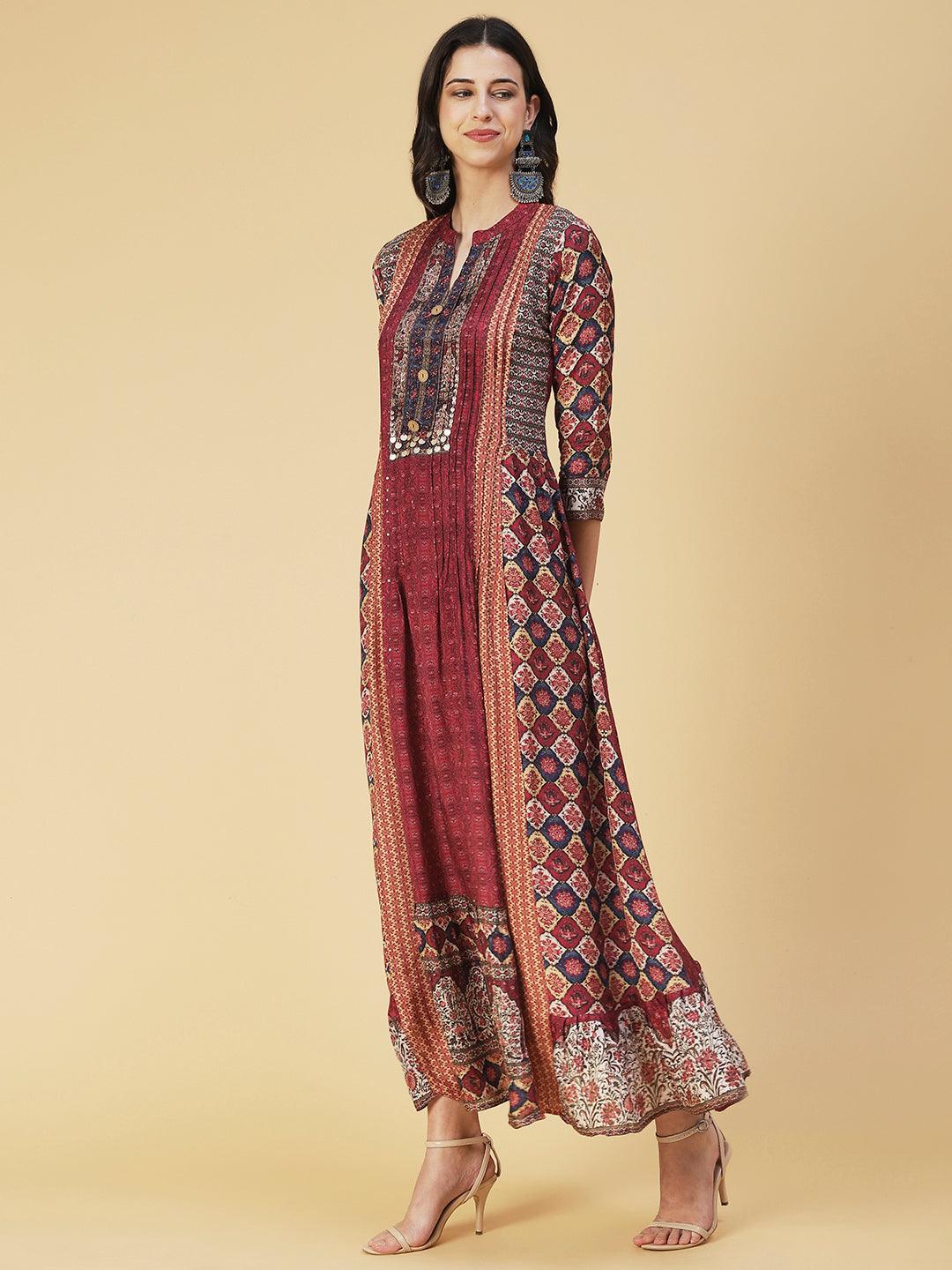 Ethnic Floral Printed & Embroidered A-Line Maxi Dress - Multi - Indiakreations