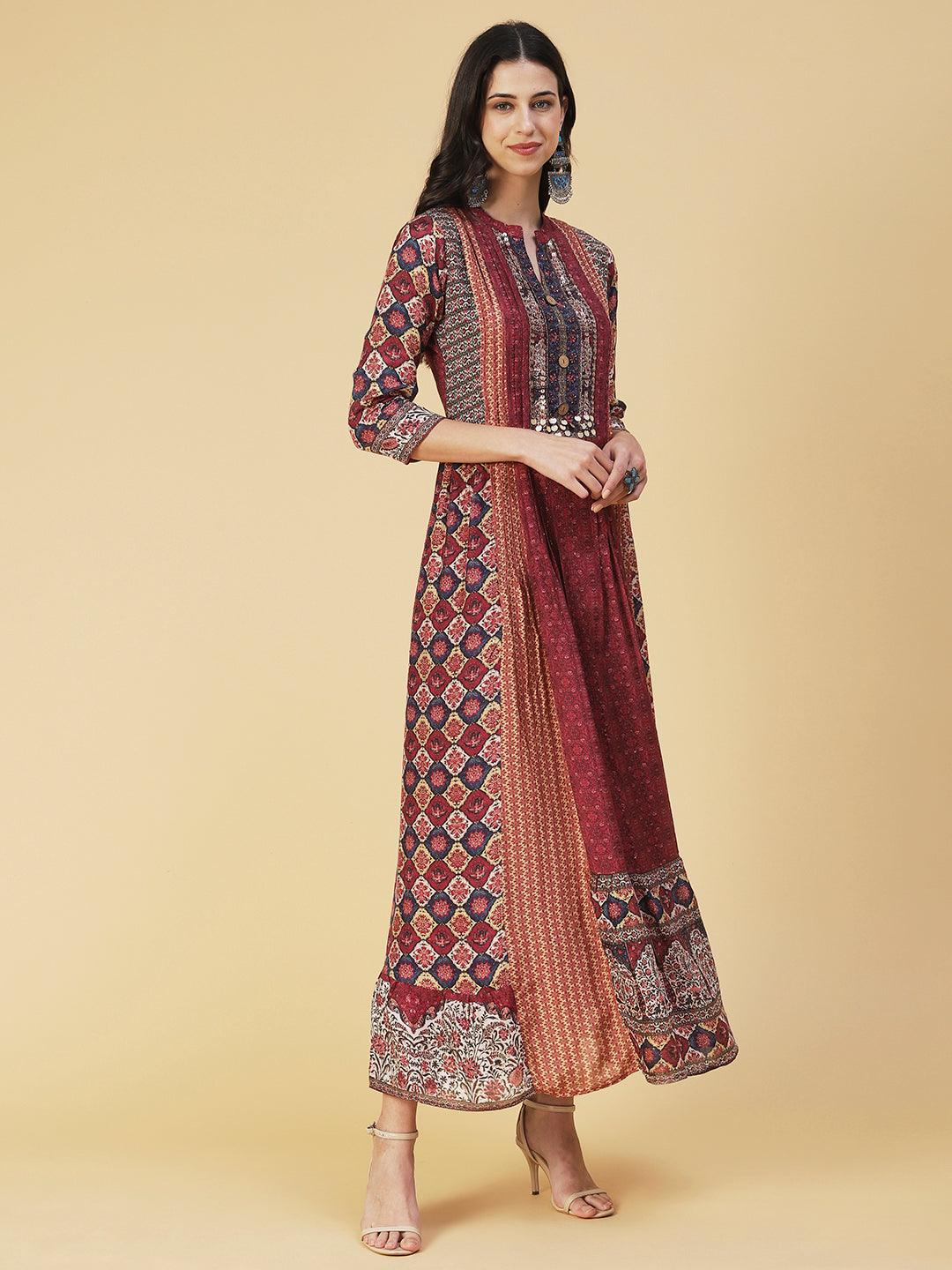 Ethnic Floral Printed & Embroidered A-Line Maxi Dress - Multi - Indiakreations