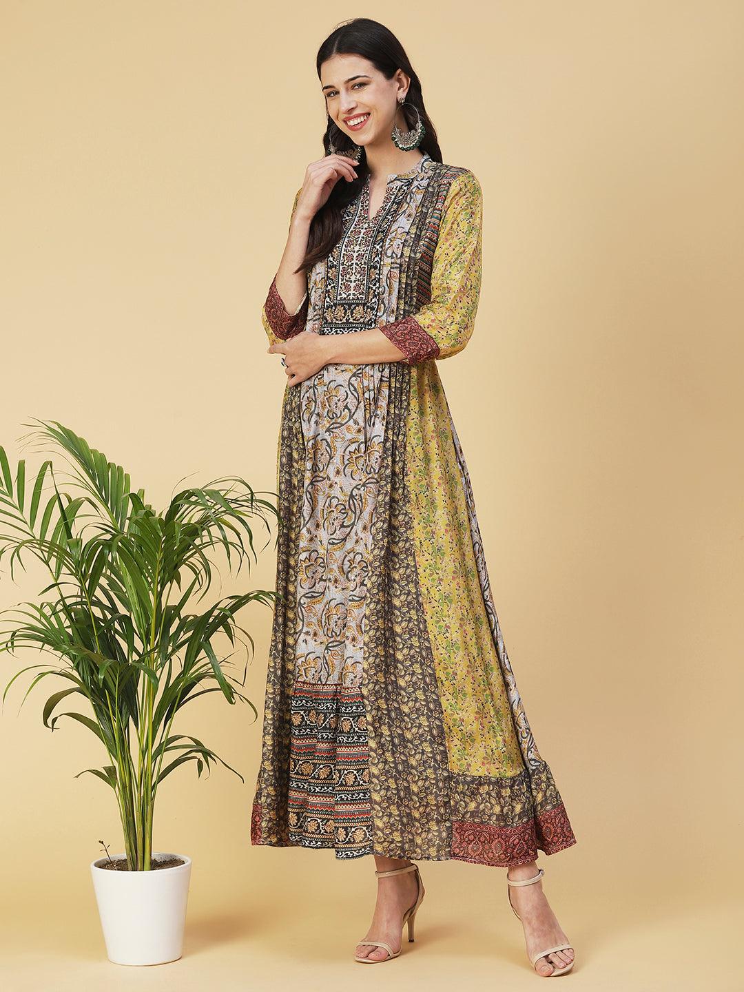 Ethnic Floral Printed & Embroidered A-Line Maxi Dress - Multi - Indiakreations