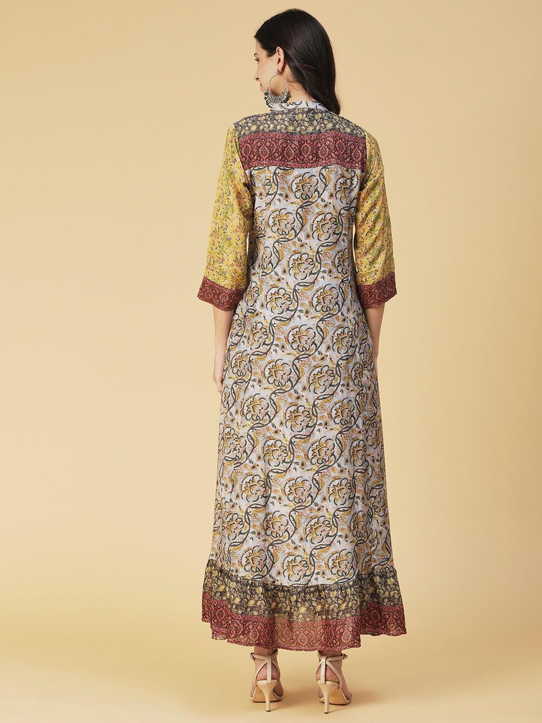 Ethnic Floral Printed & Embroidered A-Line Maxi Dress - Multi - Indiakreations