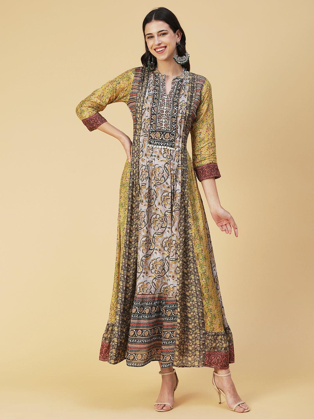 Ethnic Floral Printed & Embroidered A-Line Maxi Dress - Multi - Indiakreations