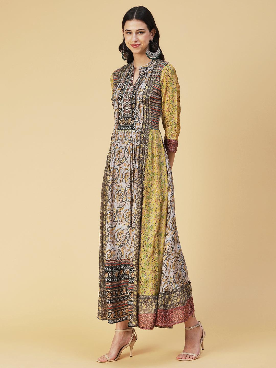 Ethnic Floral Printed & Embroidered A-Line Maxi Dress - Multi - Indiakreations