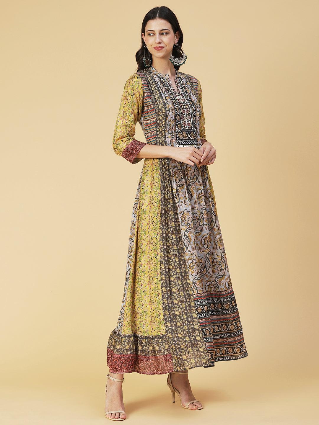 Ethnic Floral Printed & Embroidered A-Line Maxi Dress - Multi - Indiakreations