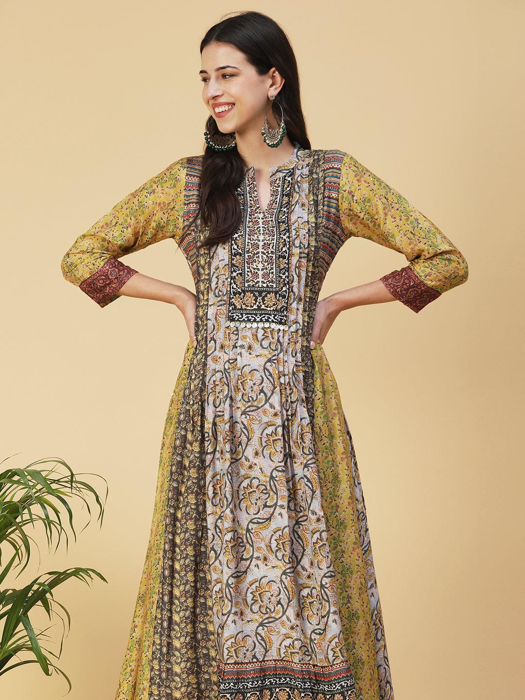 Ethnic Floral Printed & Embroidered A-Line Maxi Dress - Multi - Indiakreations