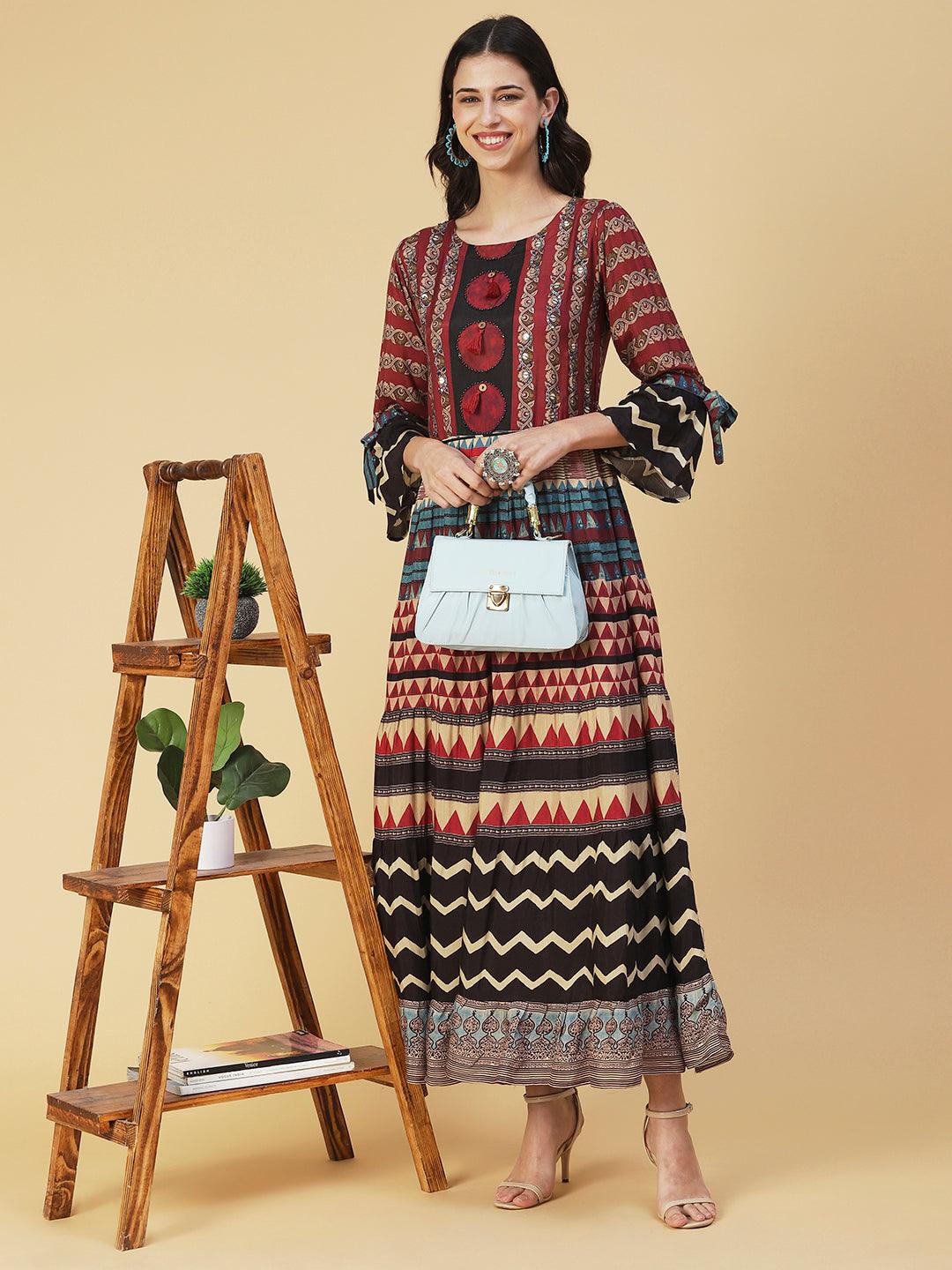 Ethnic Printed Sequined Dress With Belt - Rust - Indiakreations