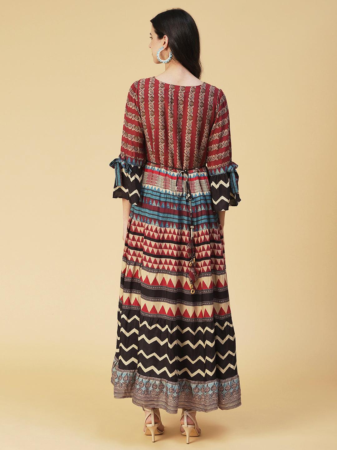 Ethnic Printed Sequined Dress With Belt - Rust - Indiakreations