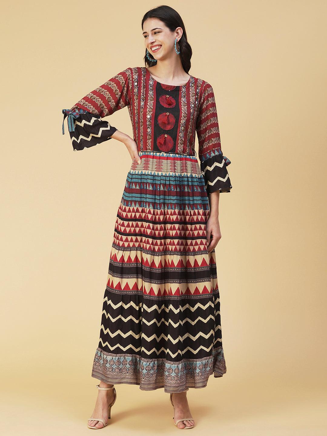 Ethnic Printed Sequined Dress With Belt - Rust - Indiakreations