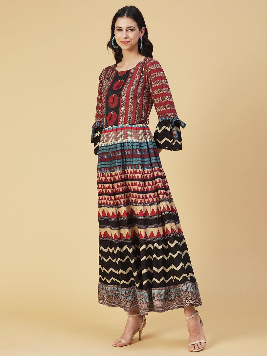 Ethnic Printed Sequined Dress With Belt - Rust - Indiakreations